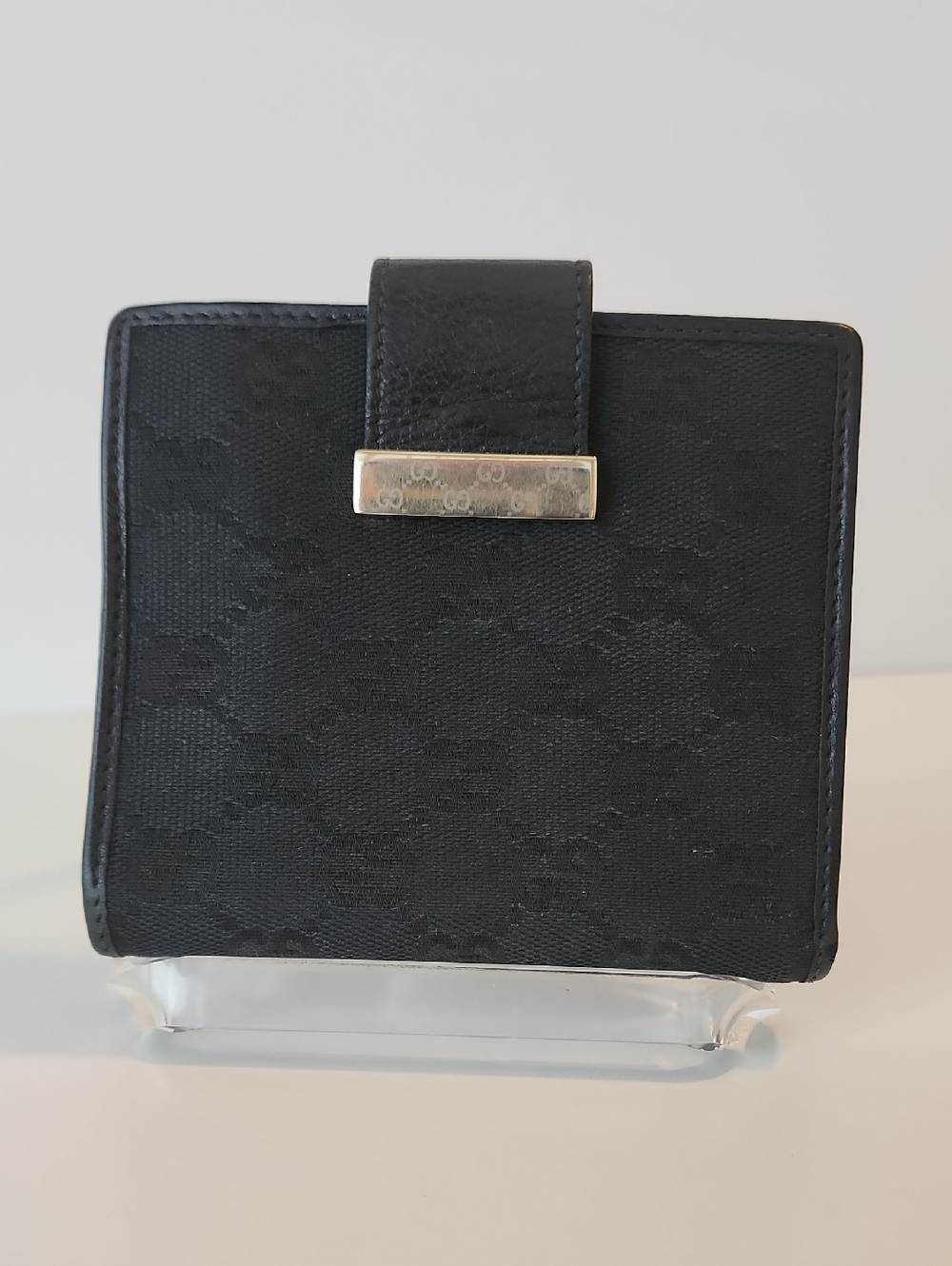 Gucci Black Canvas Logo Trifold Wallet with Silver-Tone Accent